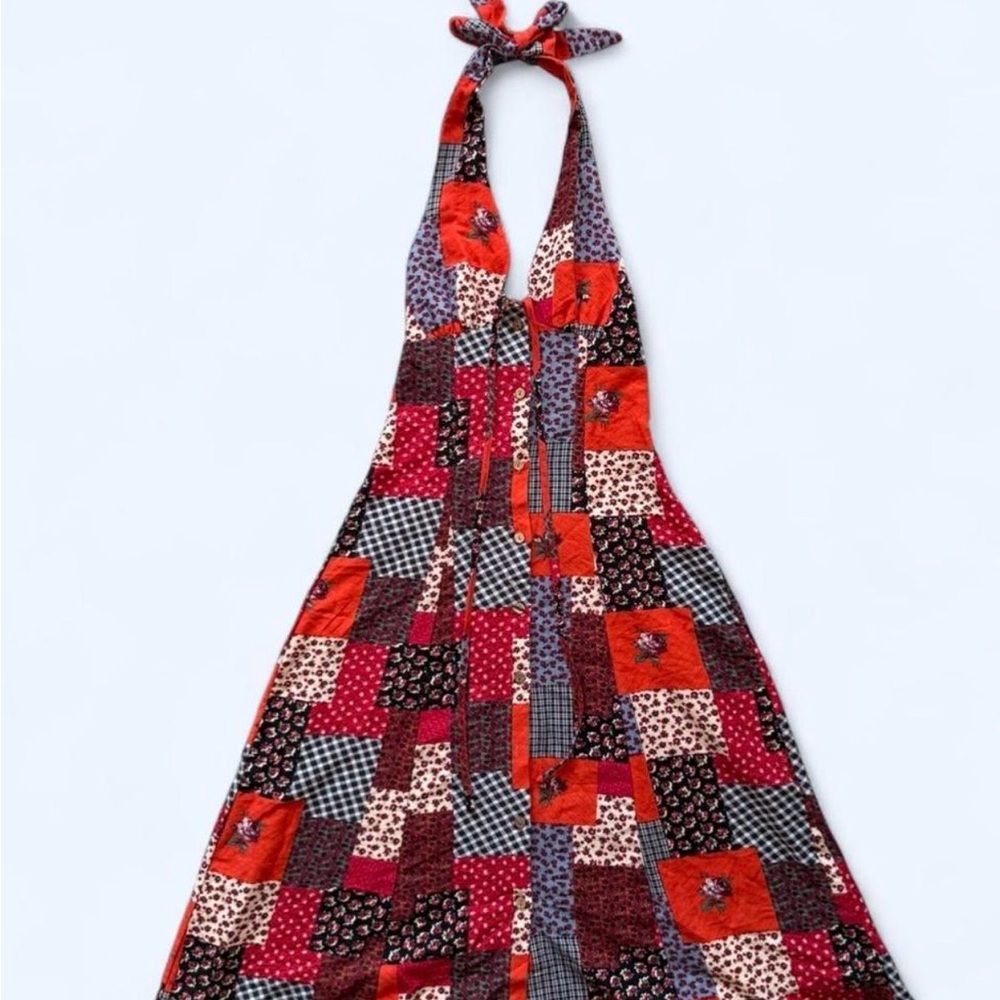 Cider Patchwork Cotton Button Down Halter Midi Dr… - image 1